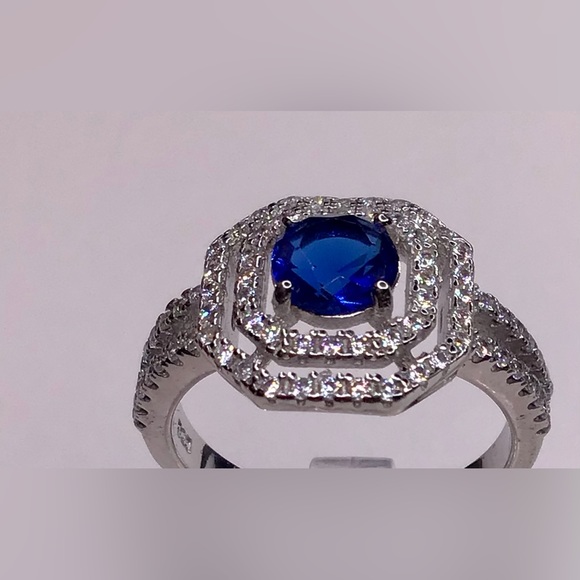 STERLING SILVER BLUE SAPPHIRE & SIMULATED DIAMONDS (video) - Picture 3 of 6